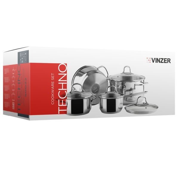 Набір каструль Vinzer Techno 9 пр. (каструлі: 1,5 л., 3,4 л., 5,9 л., ківш 1,1 л., бакелітова підста 50022 фото